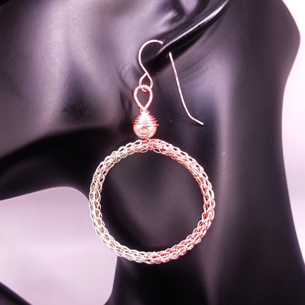 Rose Gold and Silver Hoop viking knit earrings